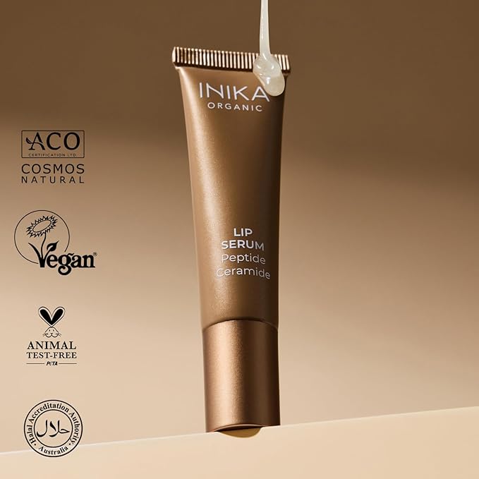 INIKA Organic Lip Serum | Ceramide + Peptide Infused, Glossy Clear Finish, Plumps, Softens, Smooths, Hydrates + Repairs. Natural & Vegan (Clear)