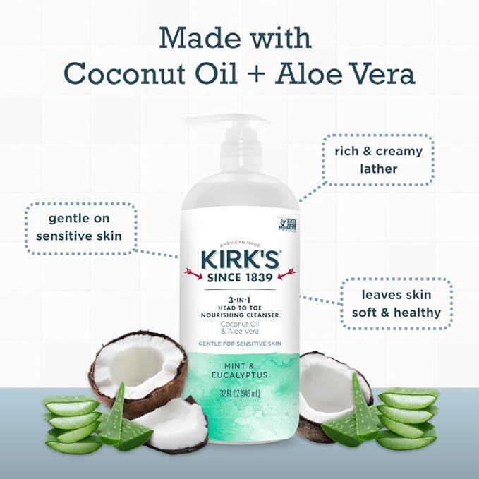 Kirk's 3-in-1 Head to Toe Nourishing Liquid Cleanser - for Men, Women, & Children - Premium Coconut Oil & Aloe Vera - Non GMO & Vegan - Mint and Eucalyptus - 32 Fl Oz.