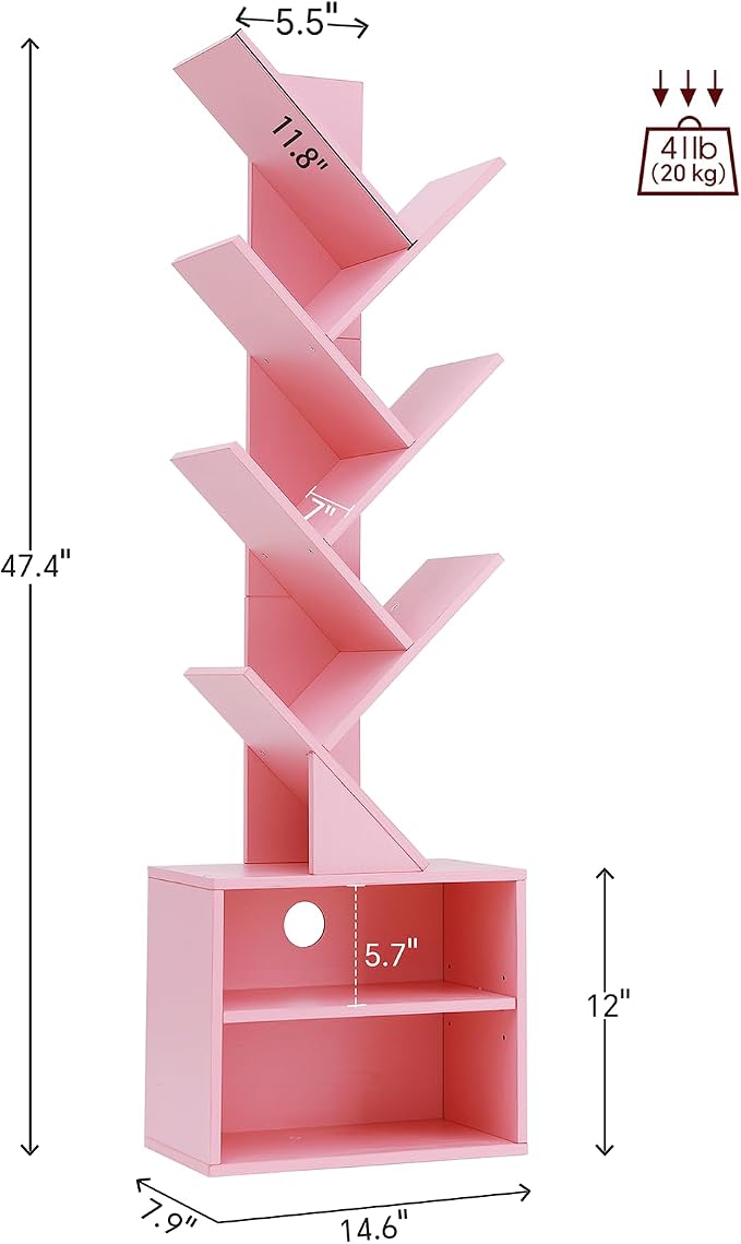 SUNMORY 6 Tier Tree Bookshelf, Tall Small Bookcase with Storage Cabinet | Modern Narrow Bookshelves Organizer, Floor Standing Book Case Shelf for Bedroom Living Room Home Office Corner, Pink