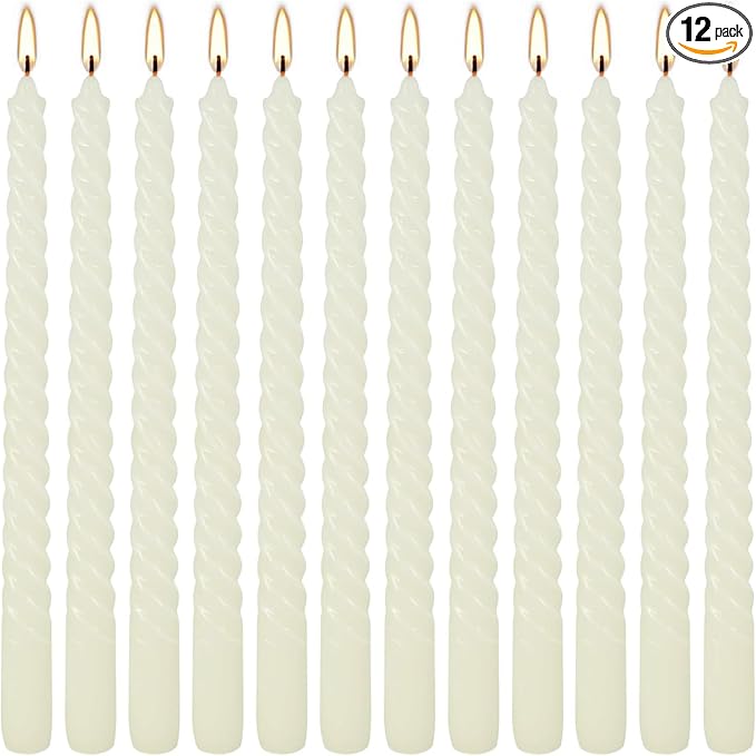 WPONSZU 10 Inch Ivory Spiral Taper Candle Set of 12 Pack Unscented Dripless Candlesticks for Valentine's Day,Dinner,Party,Brithday,Wedding,Christmas,and Home Decoration