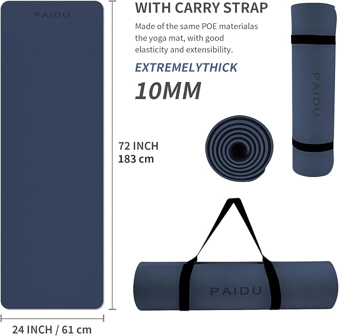 PAIDU Yoga Mat Non Slip Anti-tear,extra thick-2/5 inch（10MM）High Resiliency Professional POE Yoga Mats for Women Men Kids,72"x24"inch,Workout, Yoga, Pilates and Floor Exercise, with Carrier Strap