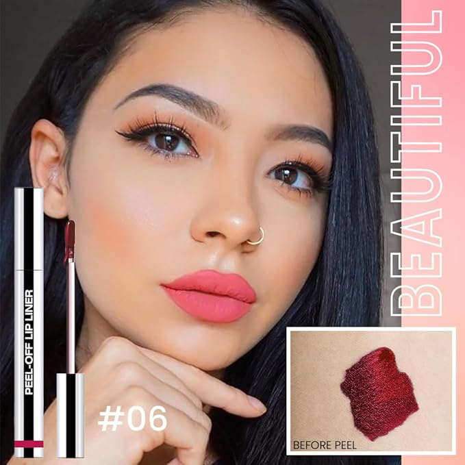 Pinkish Red Liquid Matte Lip Liner Stain Peel Off with Tweezer, Long Lasting, Waterproof Matte Lipstick Lip Gloss Tattoo for Women, Transfer-prof Lip Tint Makeup for All Skin Types 06#