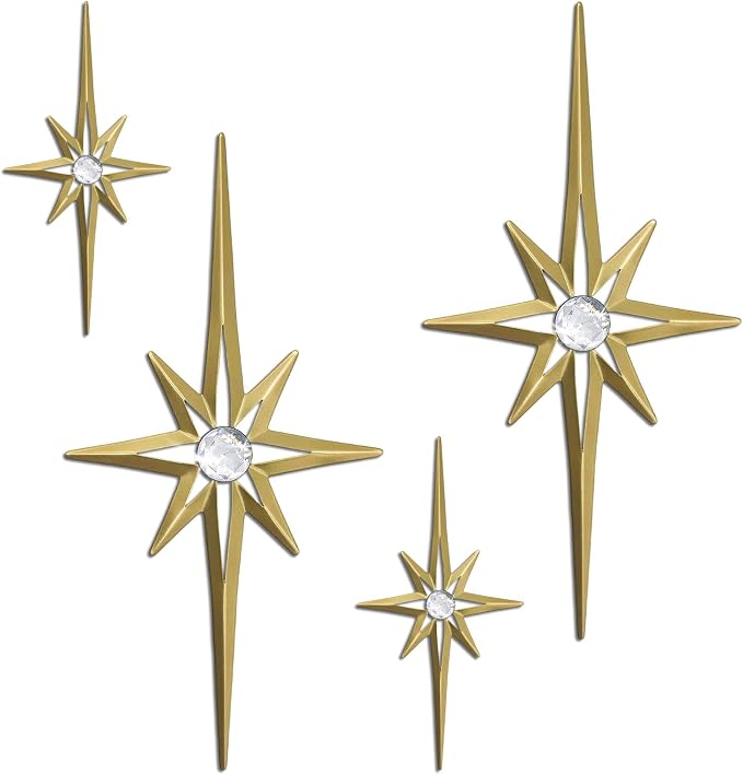 sxnzequnze 4 Pcs Star Wall Art for Home Decor Living Room Bedroom Office Metal 3D,Bling,with Hanging Hook Starburst Midcentury Sculpture Retro Gallery Accent Celestial -Gold 16.5in/9.4in