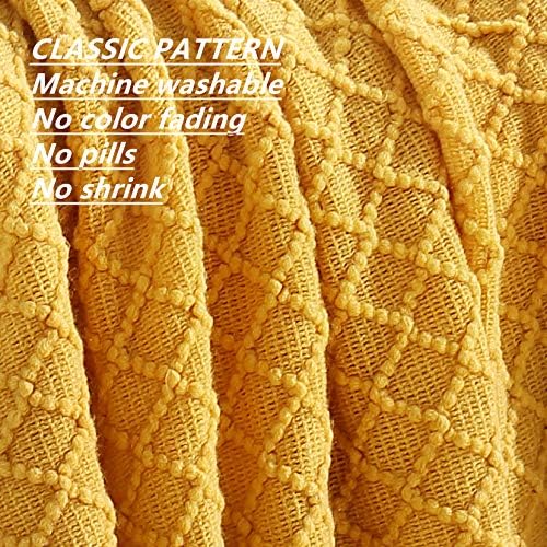 CREVENT Farmhouse Boho Knitted Throw Blanket for Couch Sofa Chair Bed Home Decoration, Soft Warm Cozy Light Weight for Spring Summer Fall (60''X80'' Mustard)