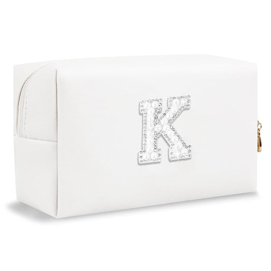 Bride Gifts – Personalized Initial Makeup Bag with Pearl Rhinestone Patch, Preppy White Monogram Cosmetic/Toiletry Pouch, bridesmaid Gifts, Bridal Shower Gifts, Wedding Gifts, Bridal Gifts,K