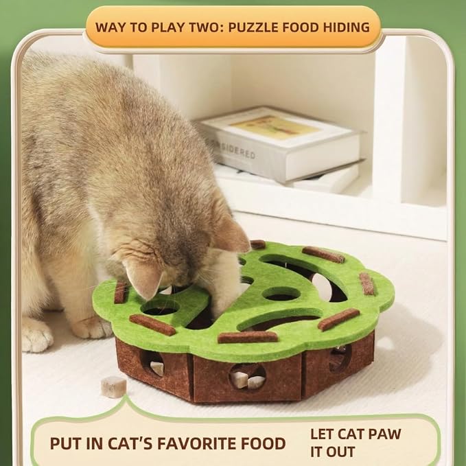 Puzzle Cat Toy for Indoor Cats, Treat Hiding Interactive Cat Enrichment Toy for Boredom and Mental Stimulation, Quiet Felt Design with Bell Balls, Non-Toxic Materials