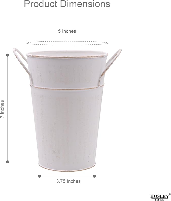Hosley Set of 2 White Wash Finish Bucket/Pot Vase with PVC Liner, 5" Dia x 7" H Ideal Gift for Floral Arrangements Wedding Home Office Party DIY Indoor Outdoor Garden Patio