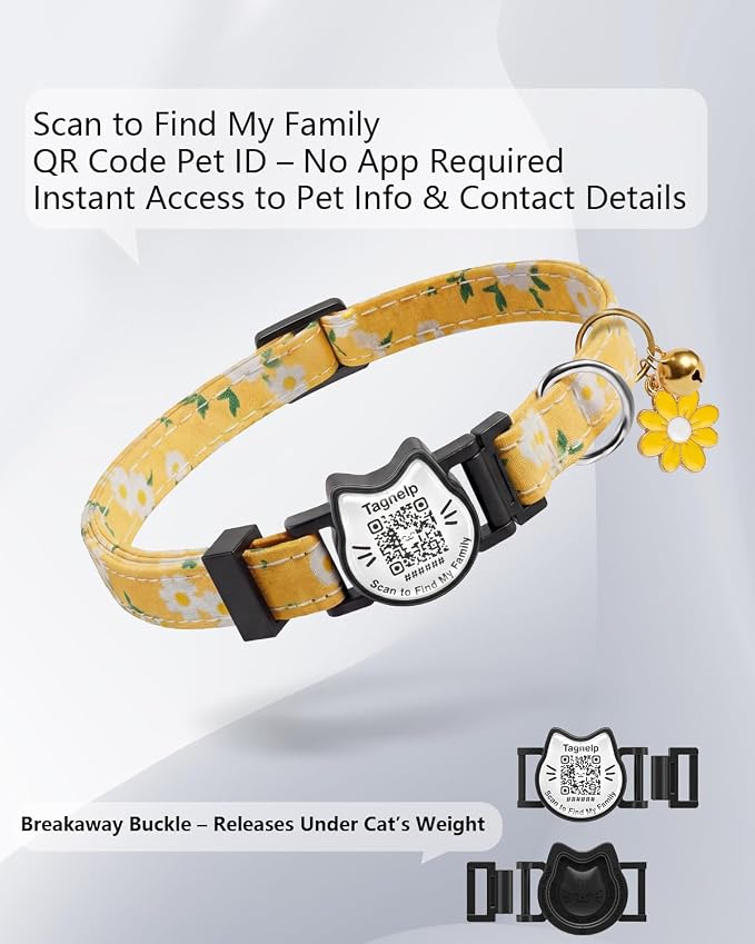 Breakaway Cat Collar with QR Code Tag and Bell (Yellow & Green, Pastoral Style)