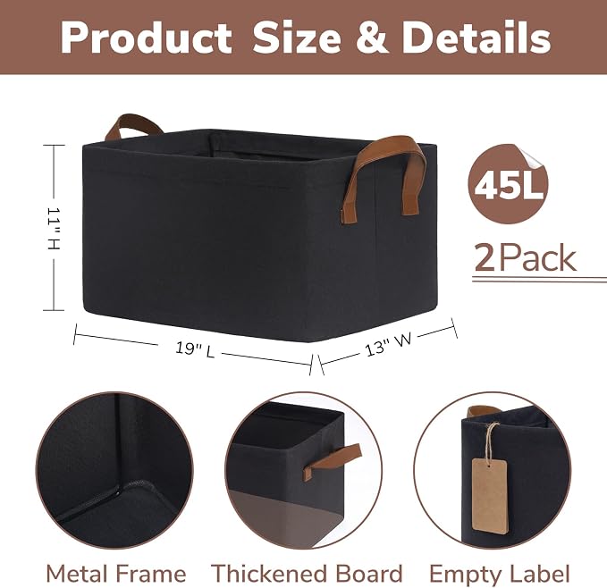 CHICVITA 45L Extra Large Fabric Storage Bins, Metal Frame, 2-Pack, Black | 19" L x 13" W x 11" H, Collapsible Design, Nursery, Living Room & Closet Organization, Toys, Clothes & Blankets Storage