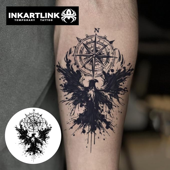 INKARTLINK Semi Permanent Tattoo, Creative Party Tattoos, Beautiful and Realistic Designs, Fun Tattoo Experience, Cruelty-free, Non-reflective, Waterproof (Eagle, Compass)