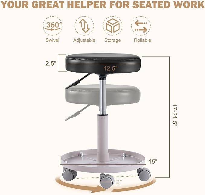 Rolling Salon Stool with Storage Tray (Black)