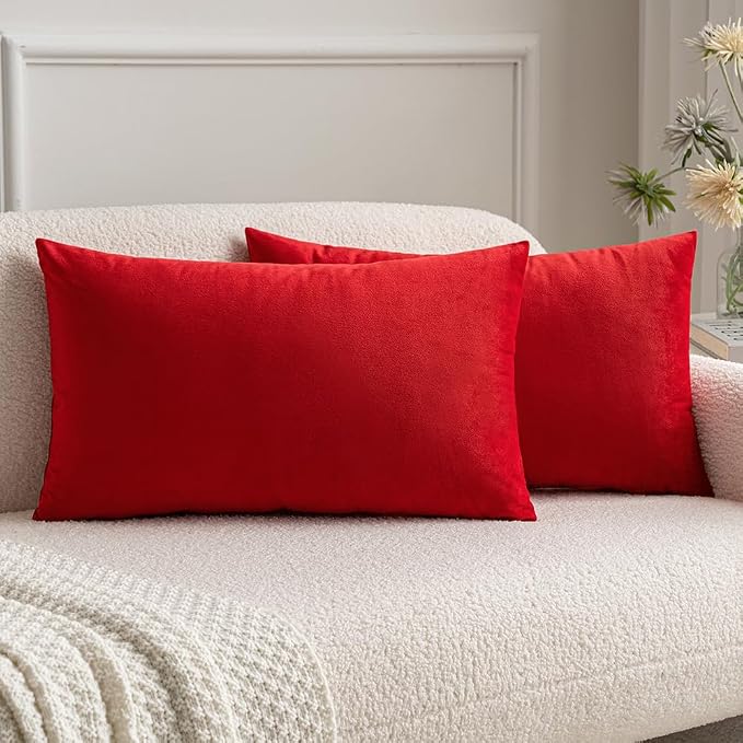 MIULEE 12x20 Inch Lumbar Velvet Throw Pillow Covers Bright Red | Pack of 2 Soft Solid Decorative Pillow Covers, Modern Luxury Home Decor, for Chair Couch Sofa Bedroom Livingroom