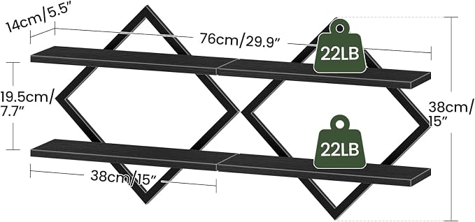 Floating Shelves, Set of 2 Wall Shelves, 2-Tier Hanging Shelves, Wall Shelf Set of 2, Wall Mounted Shelves, for Living Room, Bedroom, Kitchen, Office, Study, Black TBJ01P2BB