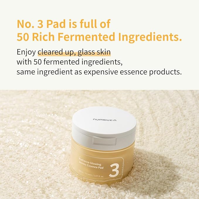 numbuzin No.3 Toner Pads | Radiance Glowing Jumbo Essence Pad | Clear Glass Skin, Texture Care | Biodegradable Vegan, Fermented Ingredients, Niacinamide | 70 Pads/5.07 fl. oz.