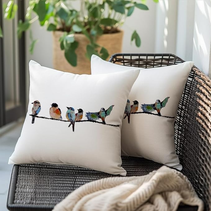 RABUSOA Birds Pillow Covers 16x16 Inch,Lumbar Decorative Throw Pillows,Spring Summer Hand-Painted Outdoor Pillowcases Cushion Covers for Couch