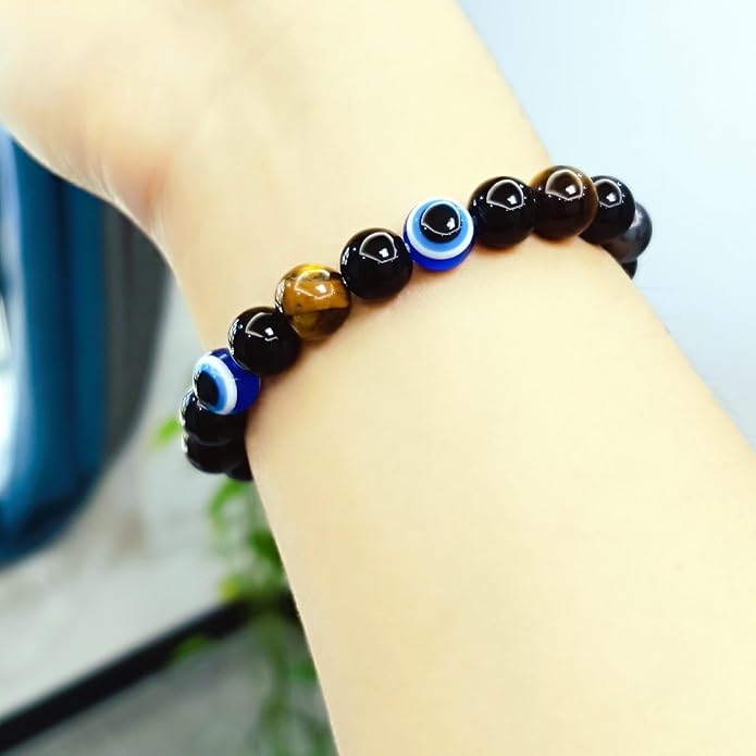 Evil Eye with Hematite Black Obsidian Tiger Eye Stone Triple Protection Bracelets for Men Women, Crystal Healing Stone Bracelet Bring Luck Prosperity and Happiness Jewelry