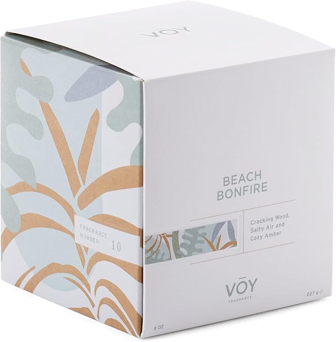 VOY Scented Candle, Crackling Wood & Salty Air of Beach Bonfire Scent, 55 Hour Burn Time, Blended Soy Candle, High-Fragrance Load, 8 oz Jar Candle, Aromatherapy Candle with Sustainable Gift Packaging