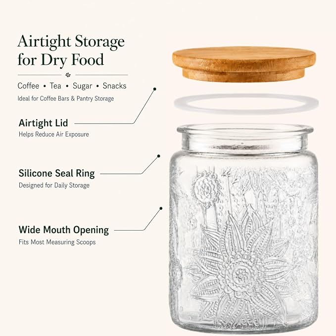 Vintage Glass Jar with Lid, 23.7oz Coffee Canister | Airtight Glass Food Storage Container, Kitchen Canister for Coffee, Tea, Sugar, Candy, Cookie, Decorative Jar, Cute Jar