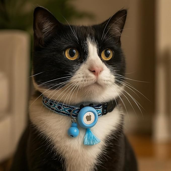 Cat Collar with AirTag Holder – Breakaway Lightweight Woven Cat Collar, Adjustable with Bell for Cats & Kittens (Twilight Calm Set) | Amazegoods