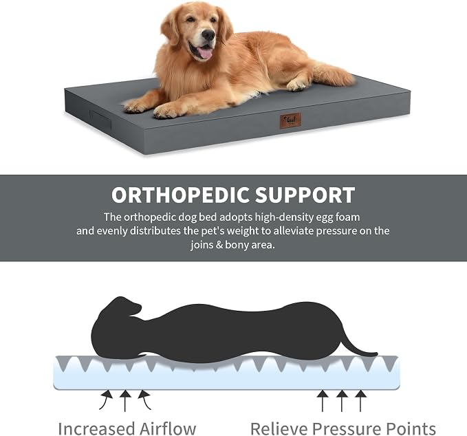 Waterproof Orthopedic Outdoor Dog Bed XL for Extra Large Dogs | Egg Crate Foam for Joint Support, TPU Waterproof Layer, Machine Washable 1680D Oxford Cover, 44 x 32 Inch, Up to 90 lbs