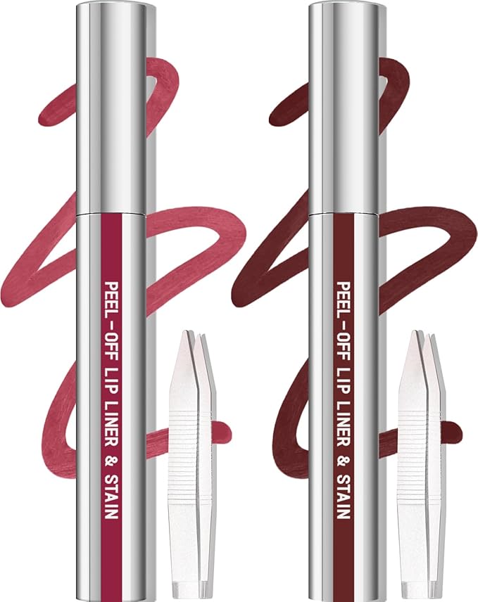 Cilrofelr 2 Colors Lip Liner Stain Peel Off Set with Tweezers - Long Wearing, Transfer Proof, Matte Finish, Quick Plump Lip Effect, Peel Off Lip Stain for All Skin Tones (Mauve + Espresso)