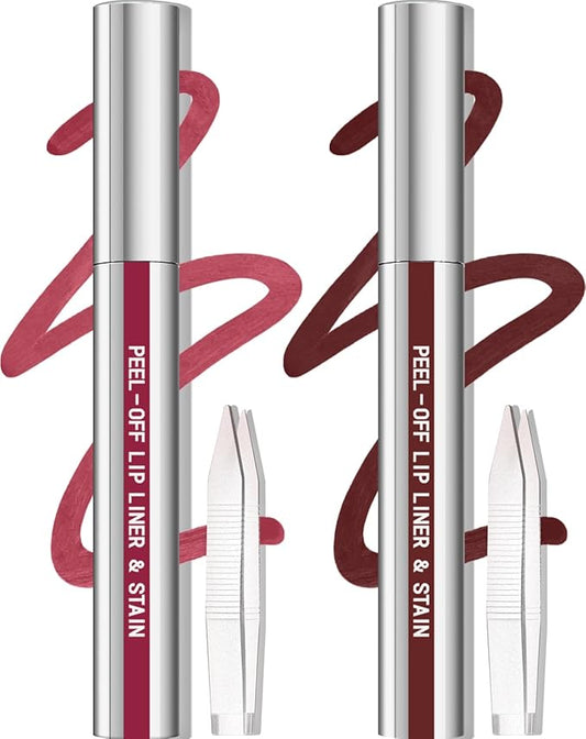 Cilrofelr 2 Colors Lip Liner Stain Peel Off Set with Tweezers - Long Wearing, Transfer Proof, Matte Finish, Quick Plump Lip Effect, Peel Off Lip Stain for All Skin Tones (Mauve + Espresso)