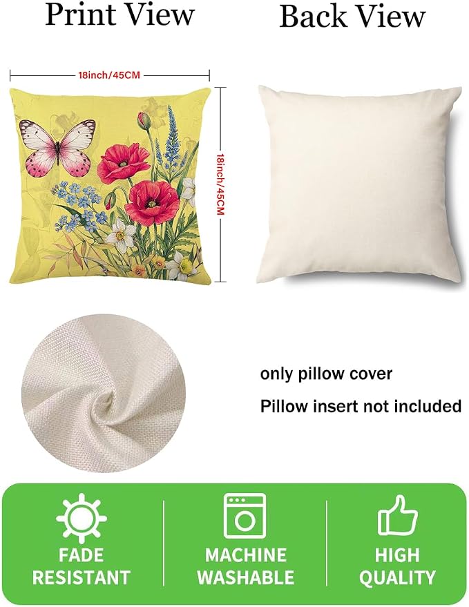 wyooxoo Spring Summer Pillow Covers 18x18 Set of 4 Decorative Throw Pillow Covers Linen Flower Butterfly Farmhouse Pillowcases for Sofa Couch Living Room Outdoor