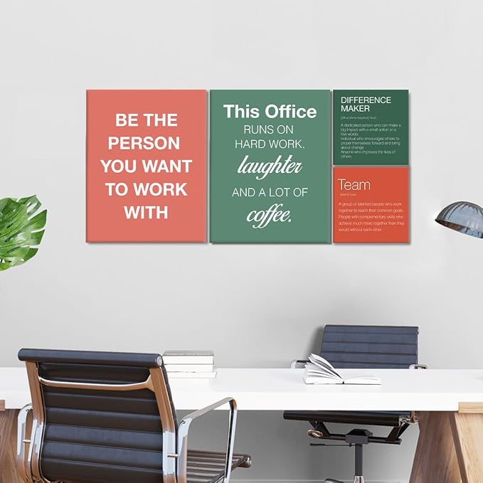 YEOION Motivational Office Wall Art,Inspirational Teamwork Wall Art for Office,Orange And Green Positive Teamwork Wall Decor for Workplace Set of 6