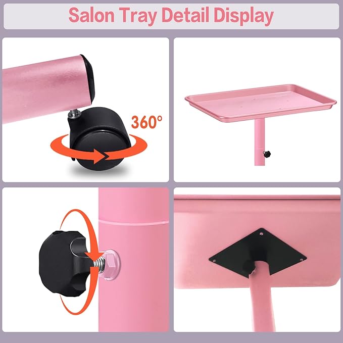 Salon Tray,Height Adjustable Tray on Wheels Hair Color Tray with Wheels Pink