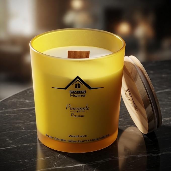 Exus Hand Crafted, Soy Wax, Wood Wick, Aromatic Candle. Non-Toxic (Pineapple/Passion)