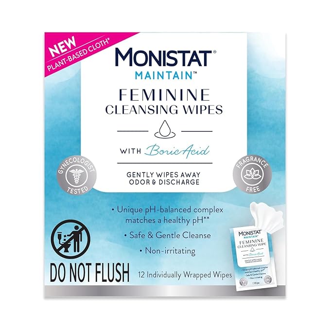Monistat Maintain Feminine Cleansing Wipes, Feminine Hygiene Wipes, Fragrance Free Feminine Care Wipes, pH Balanced Cleansing Wipes, Boric Acid Formula, 12 Count (Pack of 6)