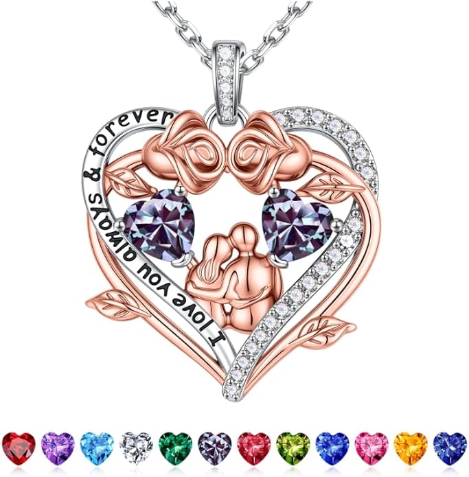 Iefil Valentines Gifts for Her Wife - 925 Sterling Silver Double Heart Birthstone Necklace, Anniversary Birthday Gifts for Women Wife Girlfriend