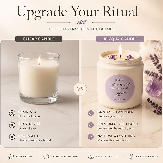 Meditation Candle Gift, 9 oz Lavender Crystal Candle, Gold Lid | White jar with gold lid, lavender soy candle, amethyst crystals, 9 oz, 40 hour burn, self care gift