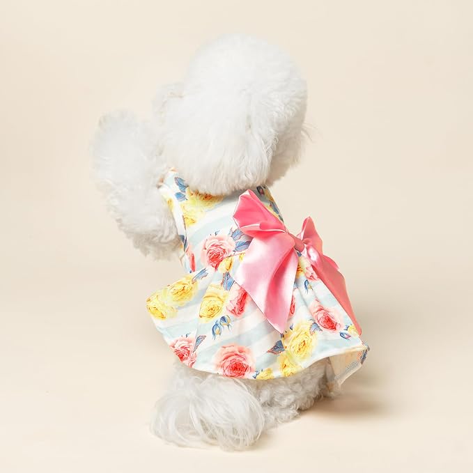 PUPTECK Floral Dog Dress with Bow Soft Cute Dog Clothes for Spring Stripe | Puppy Doggie Cat Pet Clothes Outfit Apparel Costume for Party Holiday Birthday Wedding Photoshoot for Small Medium Large Dogs