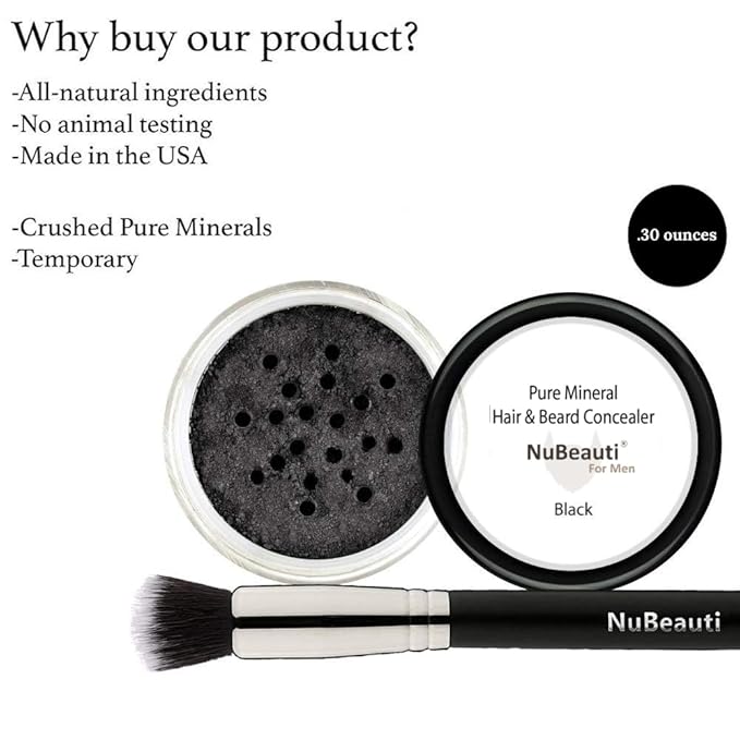 Men’s Beard, Mustache & Hair Root Touch Up Powder – Bald Spot Cover Powder – No Fragrance, Talc or Parabens – Hair Cover Hairline Powder by NuBeauti (Black, With Brush)