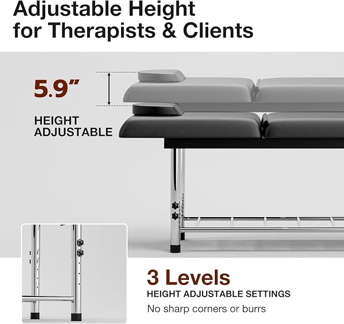 SyyBhb Professional Stationary Massage Table Height Adjustable, 550lbs Heavy Duty Wide Exam Bed for Treatment Physical Therapy, Black