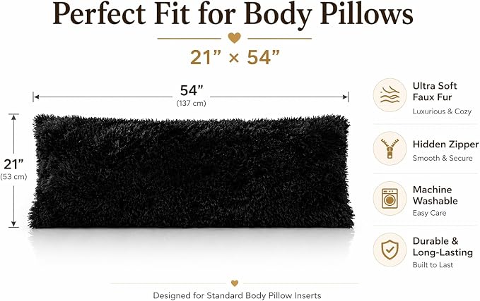 REAFORT Long Hair Faux Fur Body Pillow Cover 21"x54", Hidden Zipper (Black) | Ultra-soft long hair faux fur with a hidden zipper offers luxurious comfort and is machine washable for easy care.