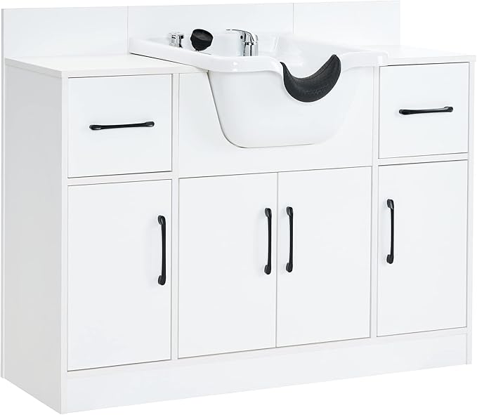 BarberPub Multi-Functional Shampoo Backwash Sink Station with Shampoo Bowl for Hair Stylist, Salon Spa Beauty Cabinet with Faucet Sprayer, Barber Storage Equipment 7139 (White)
