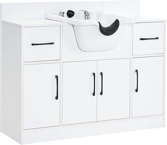 BarberPub Multi-Functional Shampoo Backwash Sink Station with Shampoo Bowl for Hair Stylist, Salon Spa Beauty Cabinet with Faucet Sprayer, Barber Storage Equipment 7139 (White)