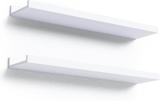 Boswillon Floating Shelves Set of 2, Long Wall Shelf with Lip, 24in, White | Display Ledge Shelf for Room Wall, Wall Decor Shelves for Bathroom, Living Room, Bedroom, Kitchen, Nursery Room, Modern, Wood