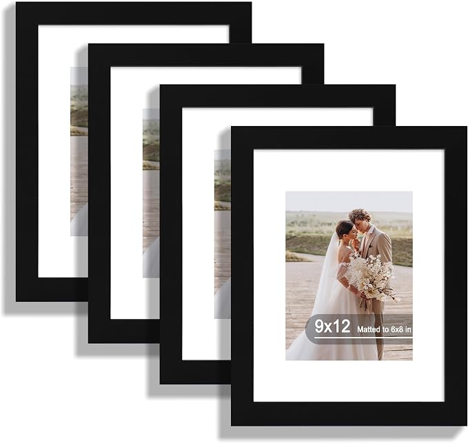 Hongkee 9x12 Picture Frame Set of 4, Made of Real Glass and Rustic Black Frame - Display Picture 6x8 with Mat or 9 x 12 Without Mat, 9 by 12 Photo for Wall or Tabletop