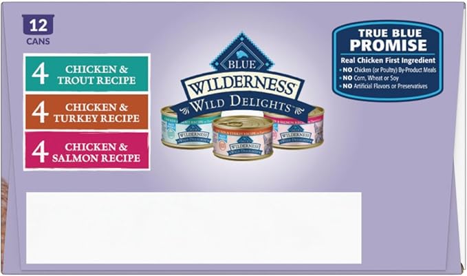 Blue Buffalo Wilderness Wild Delights Meaty Morsels Variety Pack Cat Food | High Protein, Chicken & Turkey, Chicken & Trout, Chicken & Salmon (4 of Each), Grain-Free Recipes, 3-oz. Cans (Pack of 12)