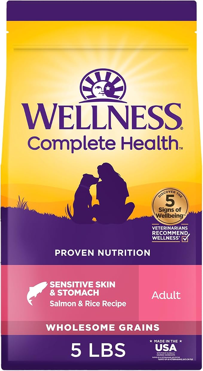 Wellness Complete Health Sensitive Skin and Stomach Dry Dog Food, Wholesome Grain Kibble, Natural, Chicken Free, Salmon and Rice Recipe, 5 lb Bag