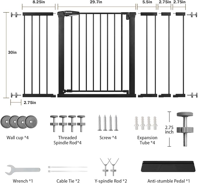 Mumeasy 29.7-54.2" Baby Gate for Stairs, Pressure Mounted Dog Gate for Doorways, Extra Wide Walk Thru Safety Pet Gate for Doors with Auto Close, Easy Install Child Gate for Hallway Indoor House, Black