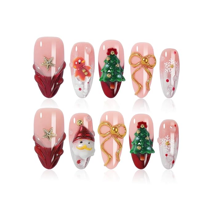 Festive Almond Press on Nails - 3D Santa Motif & Holiday Cheer Design, Hand-Embellished False Nails for Christmas Parties & Seasonal Celebrations