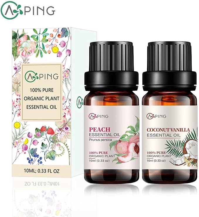 CoconutVanilla & Peach Essential Oils - 100% Pure Organic Natural Plant Oils for Diffuser, Aroma, Spa, Massage, Yoga, Perfume, 2x10ML
