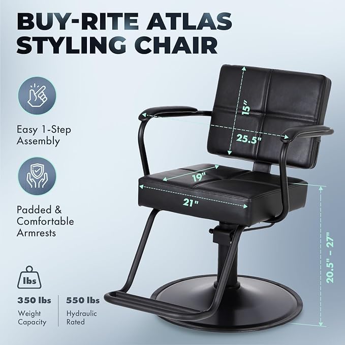 Buy-Rite Atlas Styling Chair for Professional Salons and Barbershops, Extra-Wide Seat, Black Metal Frame, Premium Black Vinyl with Detailed Stitching, Open Back Design, Hydraulic Base, NIN-5516