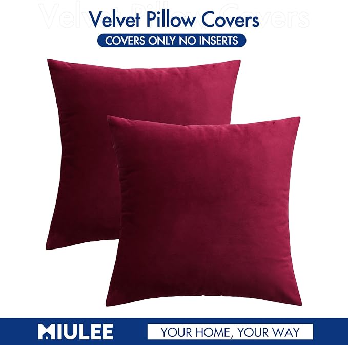 MIULEE Velvet Throw Pillow Covers 16x16 Inch Pack of 2 Wine Red | Soft Solid Small Decorative Pillow Covers, Modern Luxury Home Decor, for Couch Chair Sofa Bedroom Livingroom Car