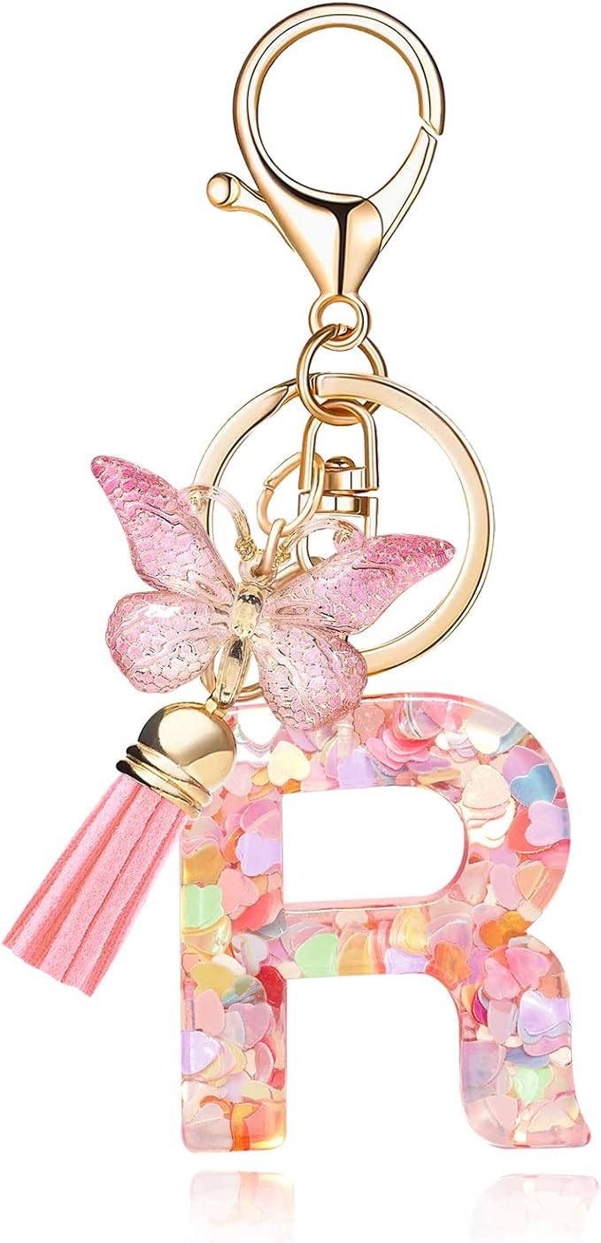 Fashion Alphabet Initial Letter Keychain Tassel Butterfly Pendant Key Ring for Purse Handbags Women Girl