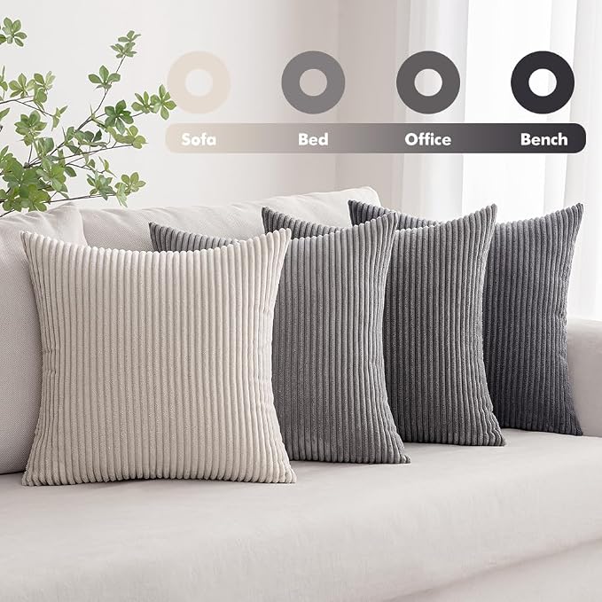 MIULEE Soft Corduroy Decorative Throw Pillow Covers Neutral Grey 20x20 | Set of 4, Mordern Minimalist Decor, Layered Gray Collection, Boho Farmhouse Cushion Covers for Couch Bed Sofa Living Room